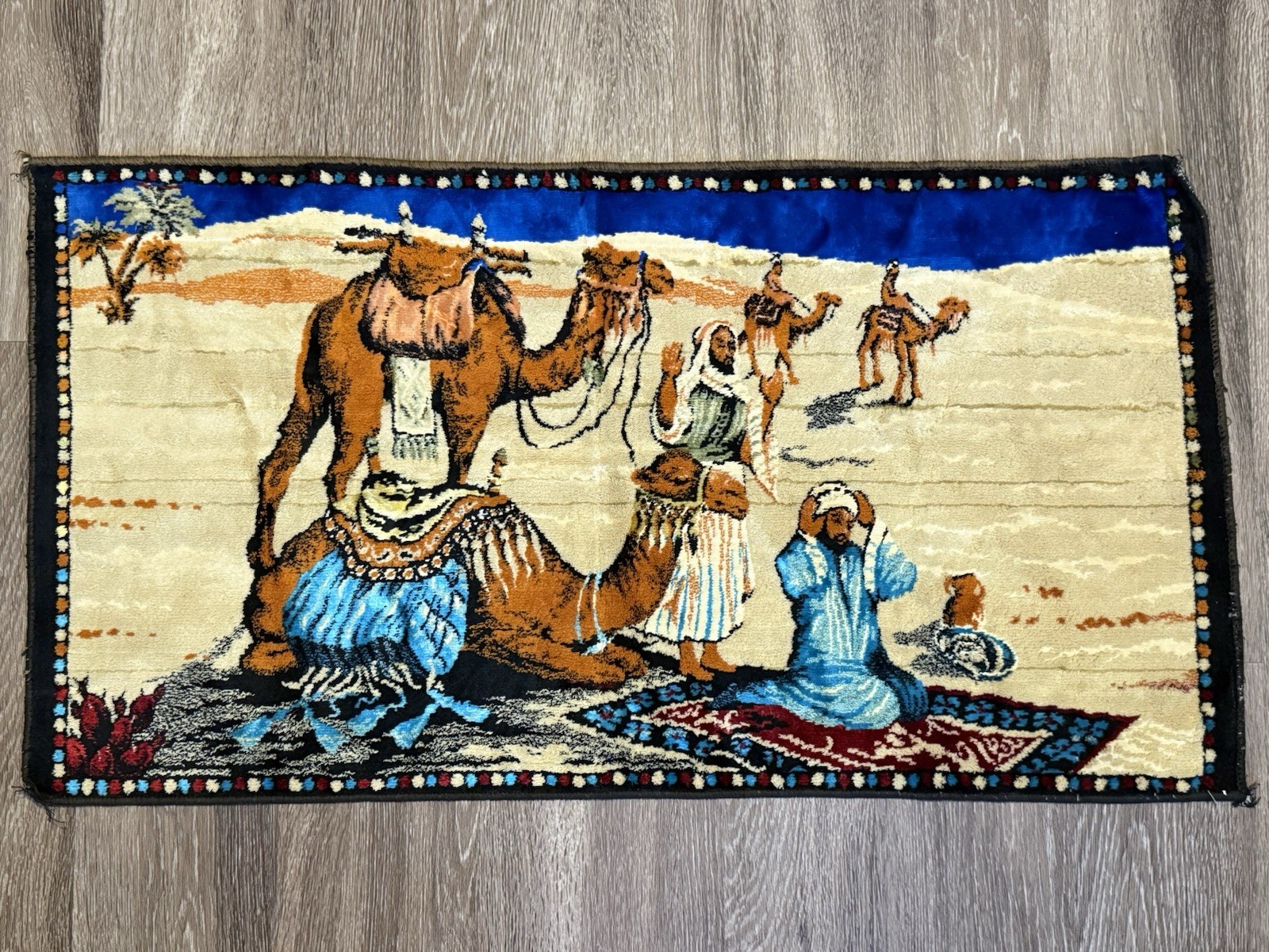 Beautiful Vtg Made In Lebanon Prayer Rug Camels Desert Palm Trees Islam Muslim