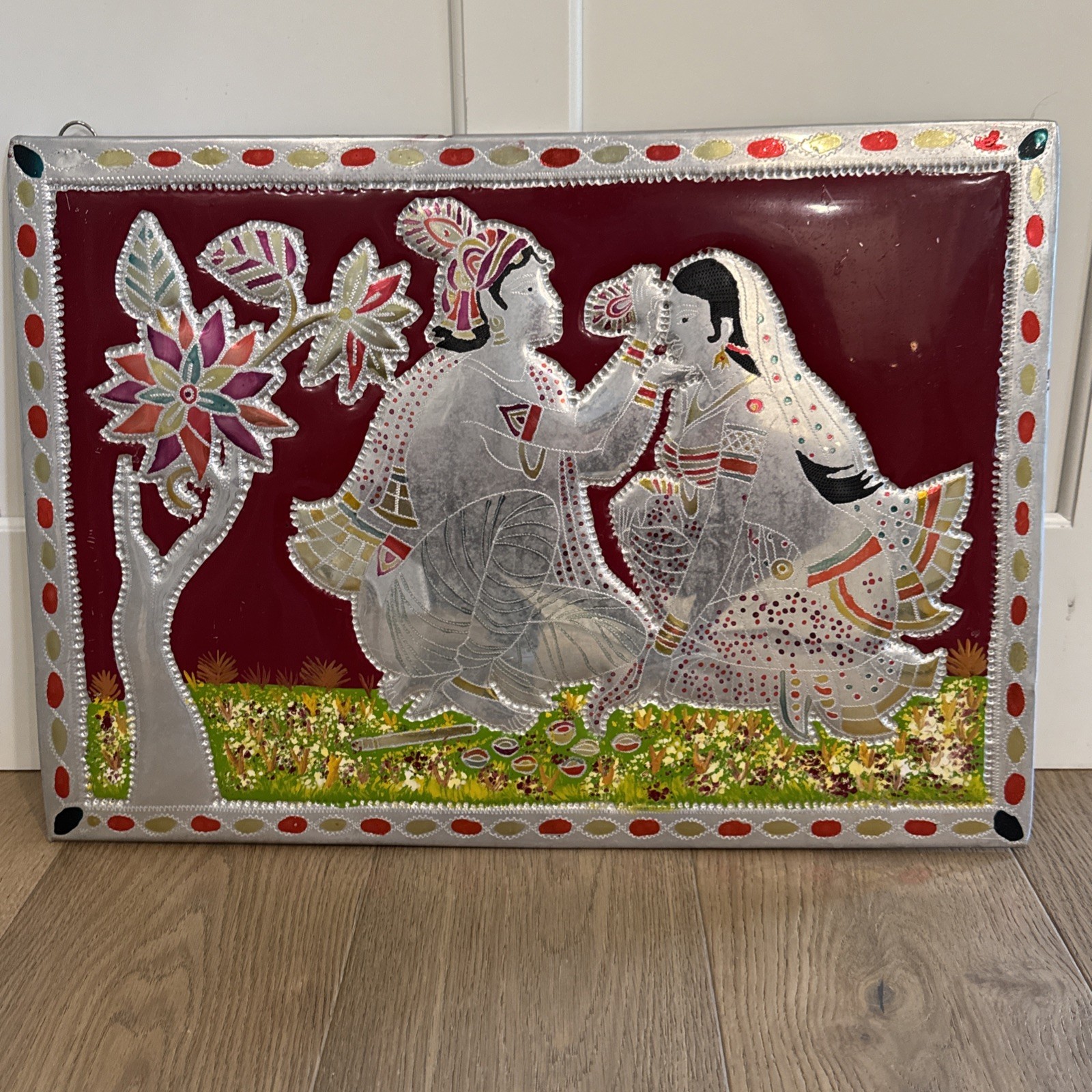 Vintage Indian Radha Krishna Embossed Aluminum Foil Painting Hindu Wall Art