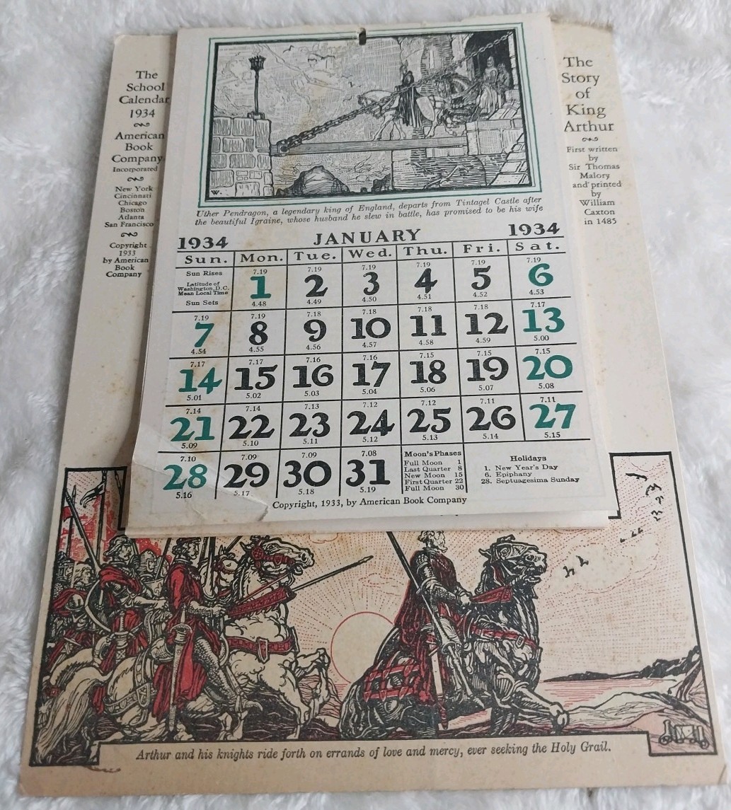 Vintage 1934 School Calendar - American Book Company - Story of King Arthur