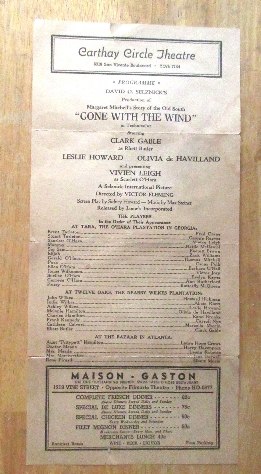 Gone with the Wind Premier Engagement Carthay Circle Theatre Progamme 1939 Gone with the Wind Premier Engagement Carthay Circle Theatre Progamme 1939