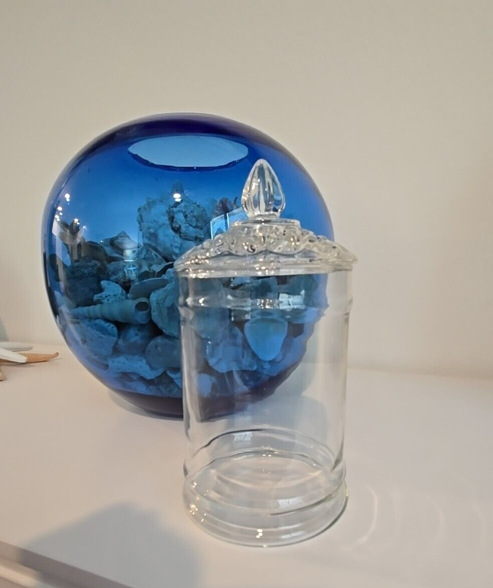 Vintage Clear Glass Lid Apothecary Candy Jar Bath Oil Vanity Candy 7.25” Tall