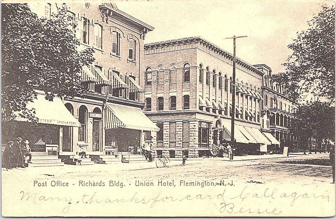 Lithograph Flemington NJ Union Hotel & Post Office Street View 1906