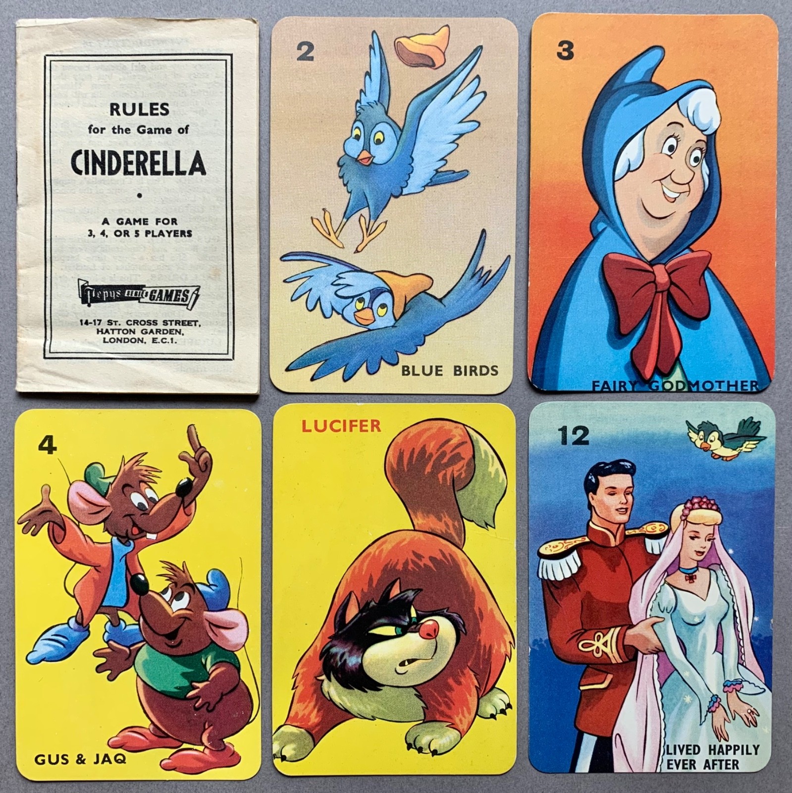 1951 Vtg. 5 Cinderella Disney/Castell Brothers Cards & Rules Fairy Godmother + 4