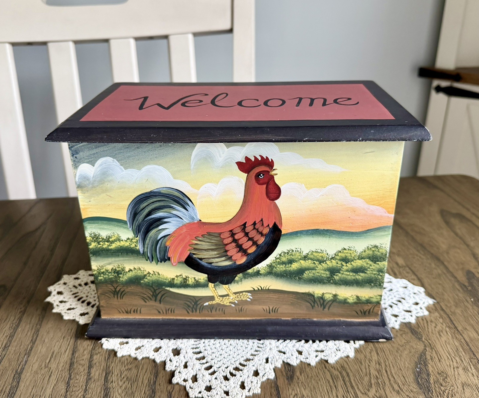 Vintage Hand Painted Wooden Rooster Welcome Storage Box | Rustic Farmhouse Decor Vintage Hand Painted Wooden Rooster Welcome Storage Box | Rustic Farmhouse Decor