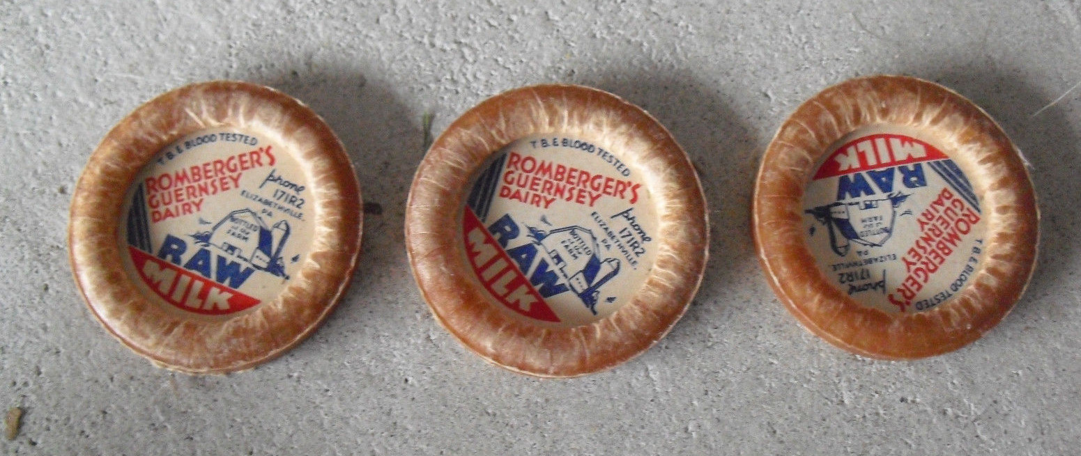 Lot of 3 Vintage Romberger's Guernsey Dairy Raw Milk Bottle Caps Lot of 3 Vintage Romberger's Guernsey Dairy Raw Milk Bottle Caps