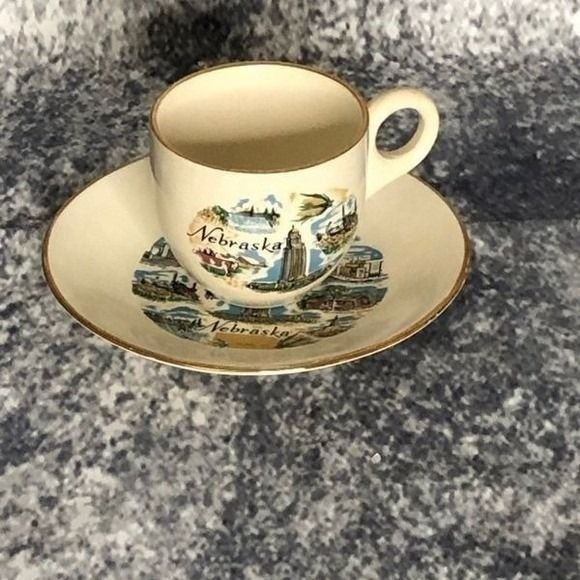 Vintage Sabin Nebraska Souvenir Espresso Cup and Saucer Set 22K Gold Rim Vintage Sabin Nebraska Souvenir Espresso Cup and Saucer Set 22K Gold Rim