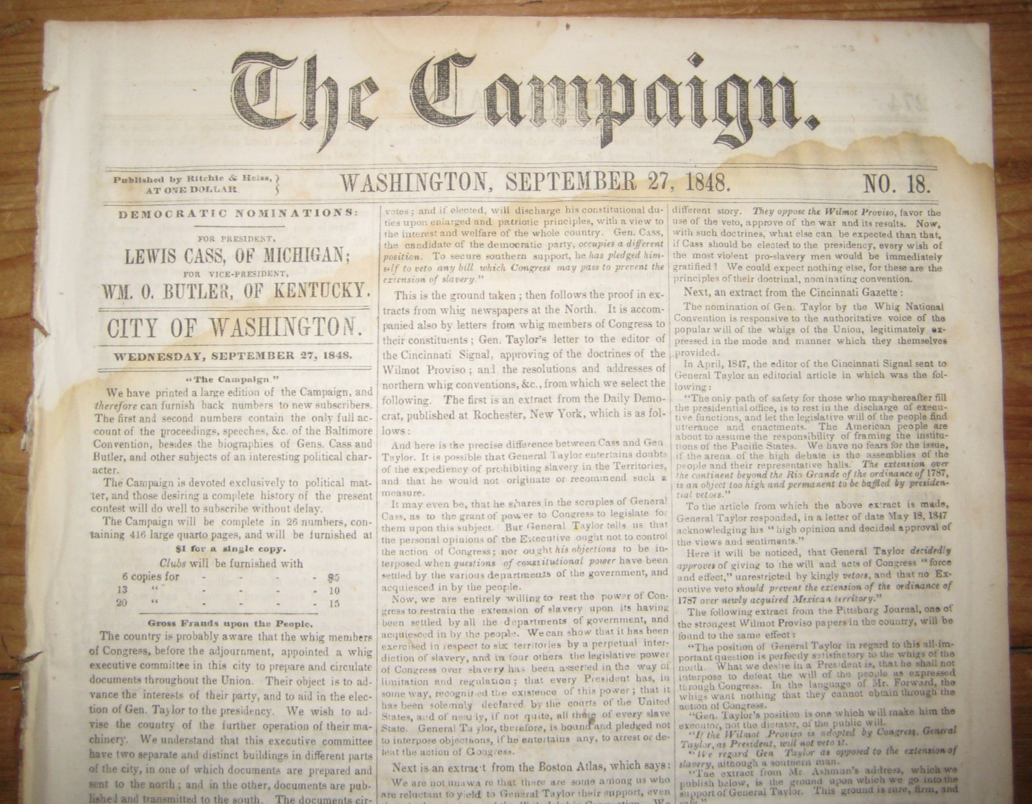 1848, Lewis Cass Campaign Newpaper, Gold Discovered in California, Campaign News