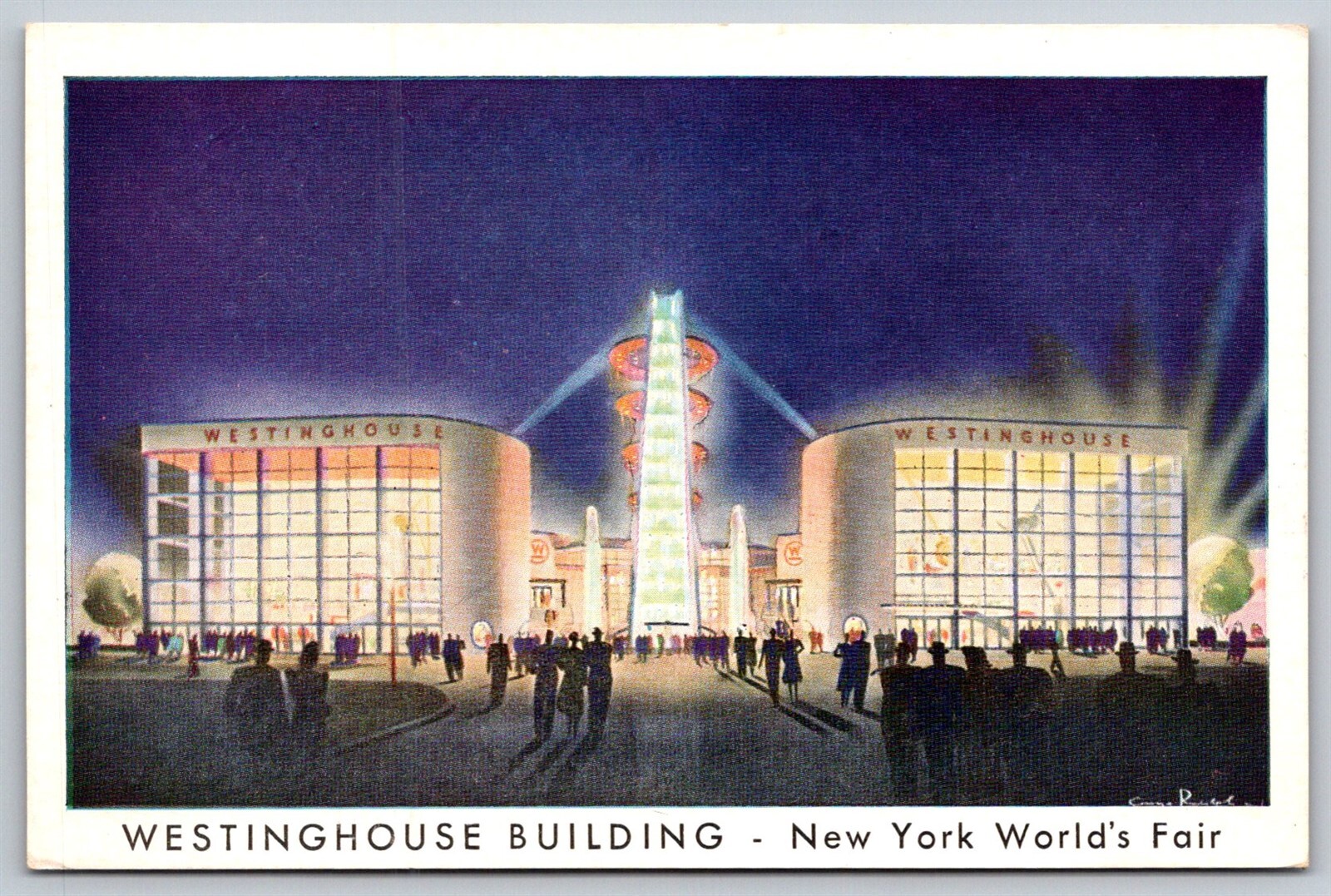 NY Worlds Fair 1939 Linen Postcard Westinghouse Building Nighttime View NY Worlds Fair 1939 Linen Postcard Westinghouse Building Nighttime View