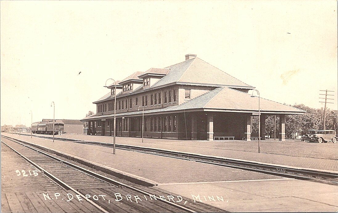 RPPC Brainerd Minnesota Northern Pacific Railroad Depot Street Scene 1920s NICE
