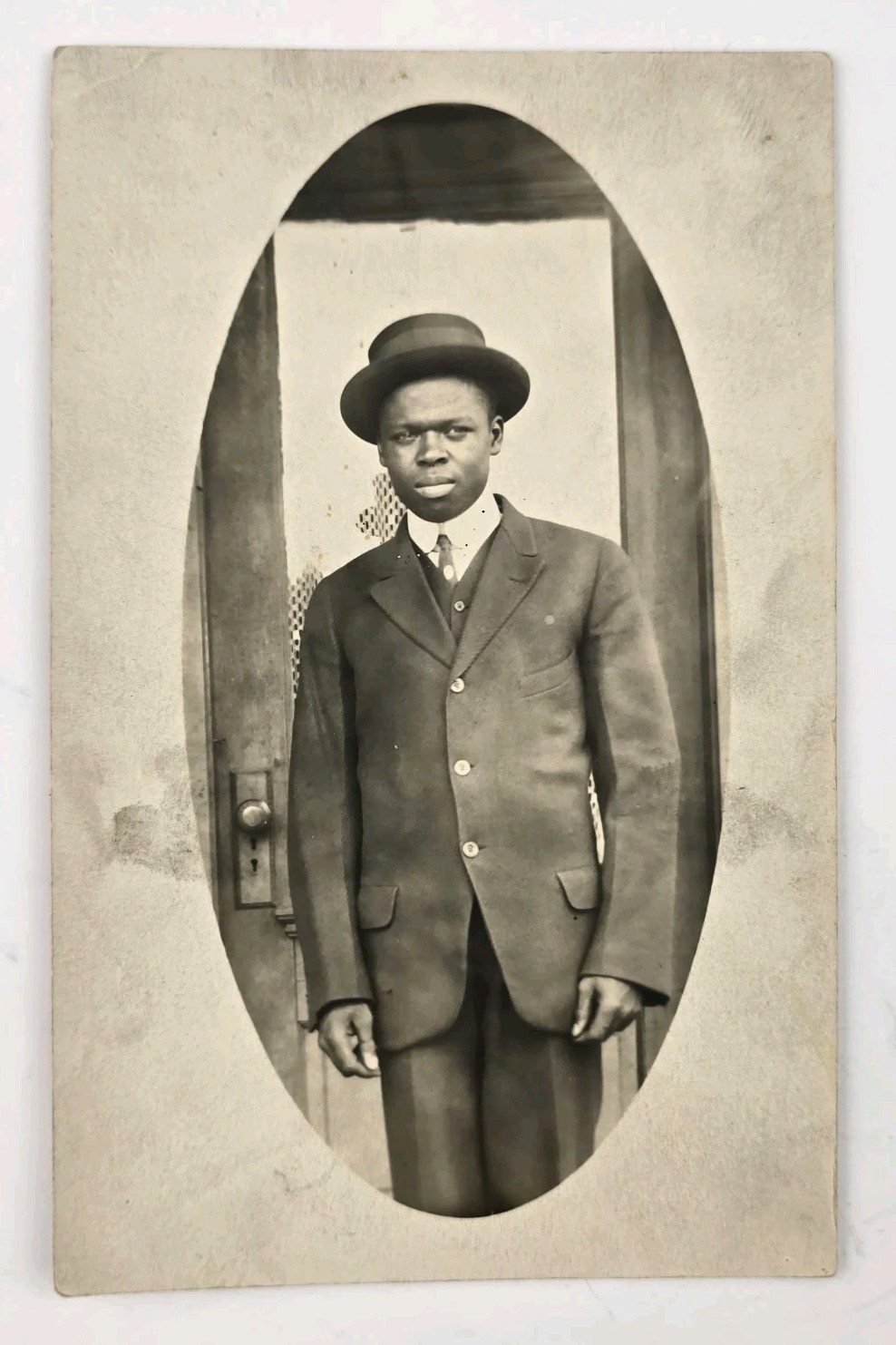 Antique Real Photo Postcard RPPC Handsome Black African American Man Fashion Hat