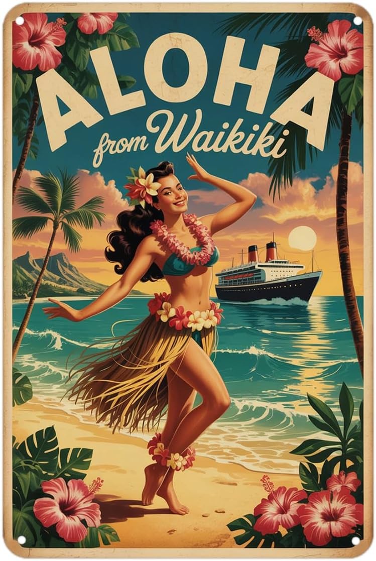 Aloha Waikiki Vintage Hula Girl Beach Tin Metal Signs Home Décor 8x12 Aloha Waikiki Vintage Hula Girl Beach Tin Metal Signs Home Décor 8x12