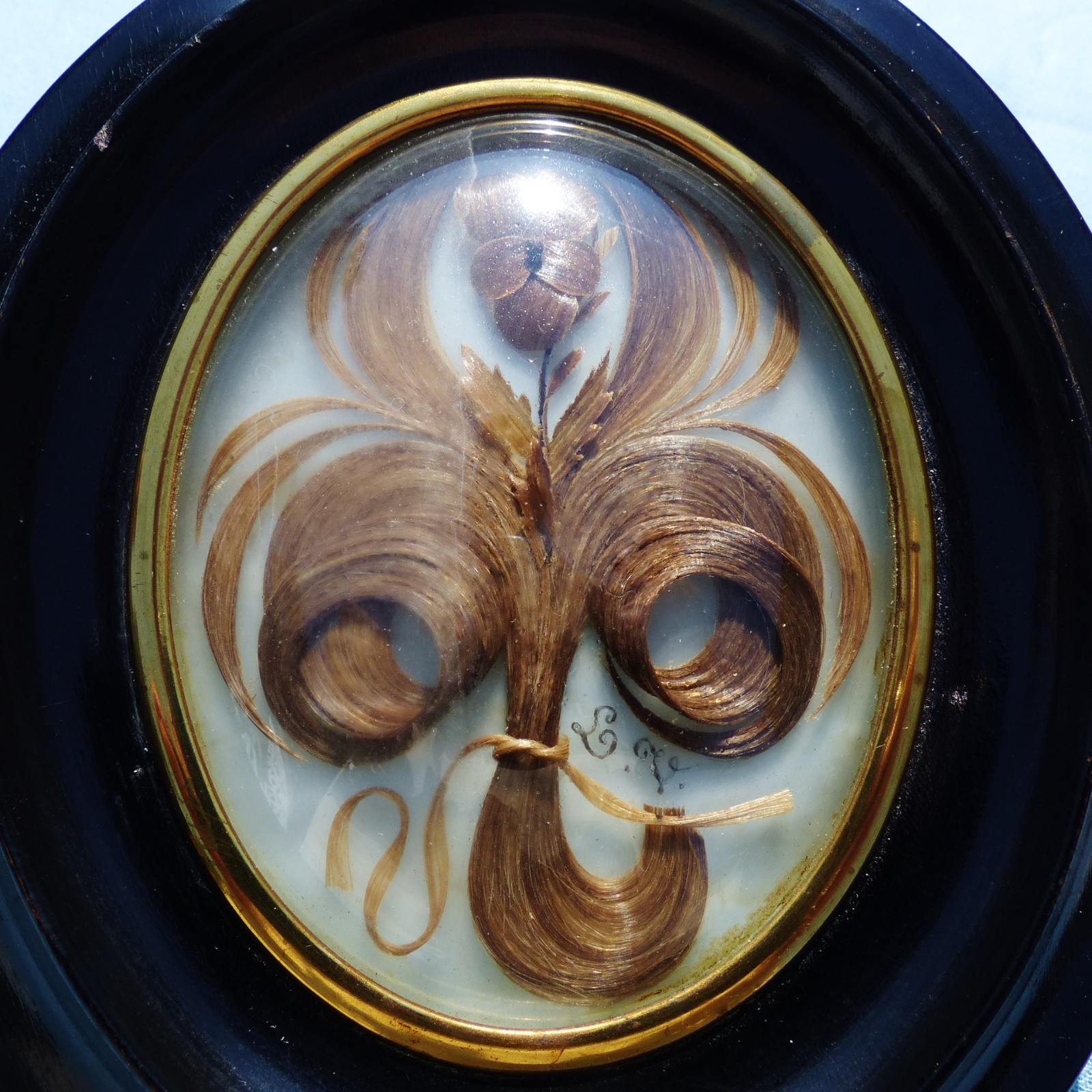 SUPERB ANTIQUE FRENCH 19th CENTURY SENTIMENTAL MOURNING HAIR ART c1880