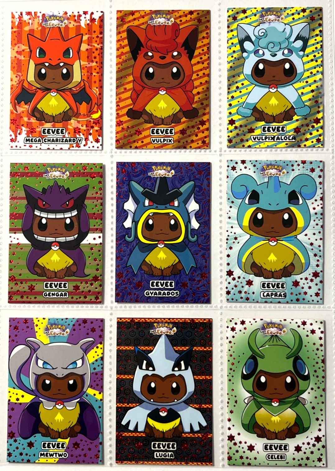 2025 POKEMON LET'S GO EEVEE DATABASE PONCHO CARDS Full Set 9/9 Red Foil Stars