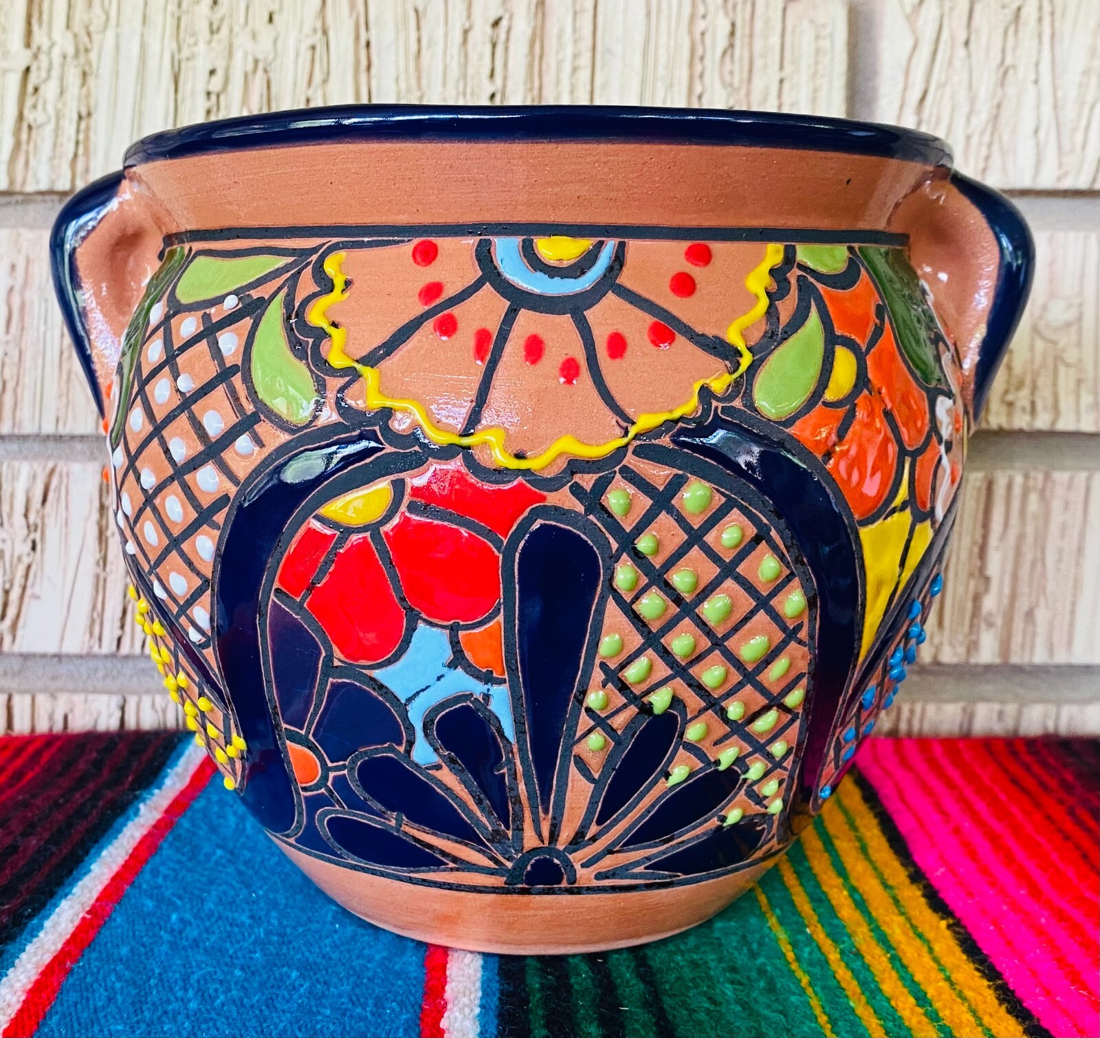 Lg  MEXICAN TALAVERA Folk Art POTTERY FLOWER POT PLANTER CERAMIC #15