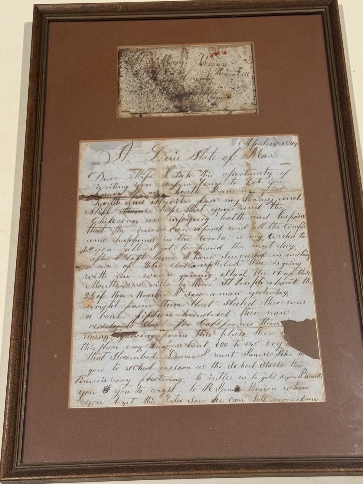 1849 California Gold Rush Letter St Louis Forty-Niner Overland St Joseph Framed 1849 California Gold Rush Letter St Louis Forty-Niner Overland St Joseph Framed