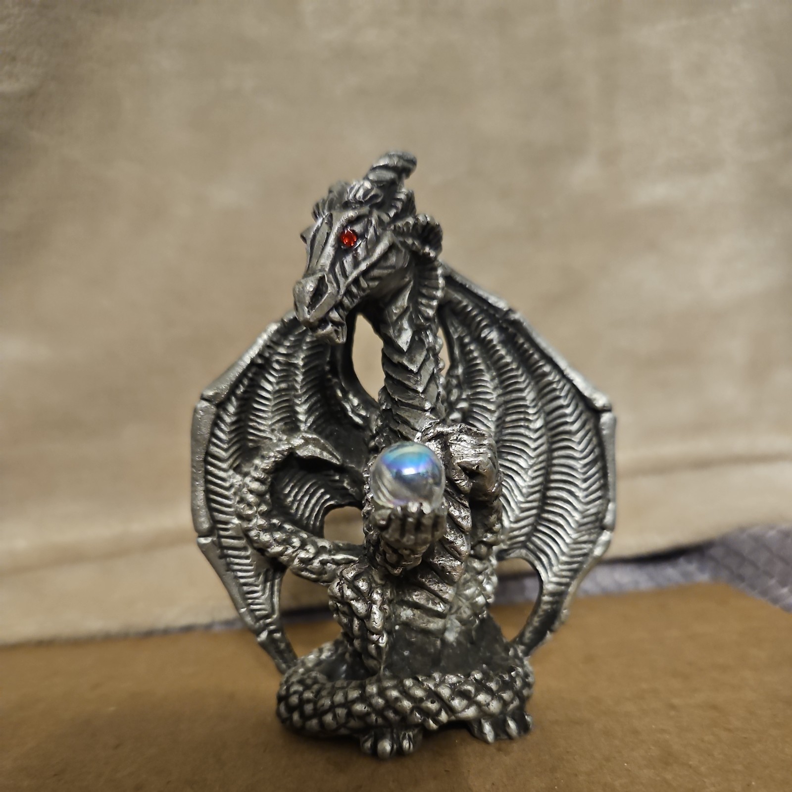 1995 Vintage Solid Pewter Sunglo Jeweled Dragon Figure With Crystal Ball 3.5” 1995 Vintage Solid Pewter Sunglo Jeweled Dragon Figure With Crystal Ball 3.5”