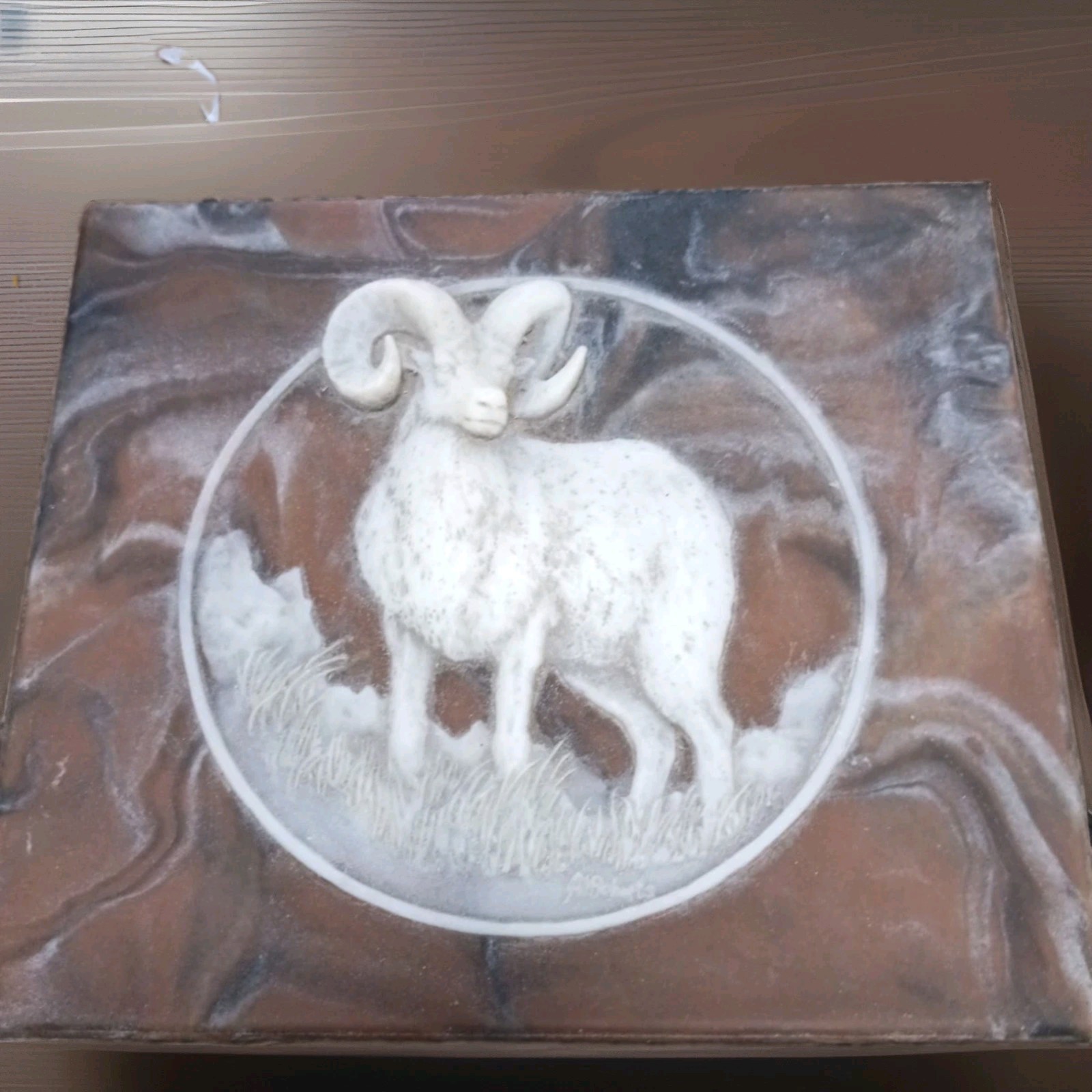 Vintage Incolay Stone Ram Big Horn Sheep Jewelry Trinket Box Trees Brown Lid Vintage Incolay Stone Ram Big Horn Sheep Jewelry Trinket Box Trees Brown Lid