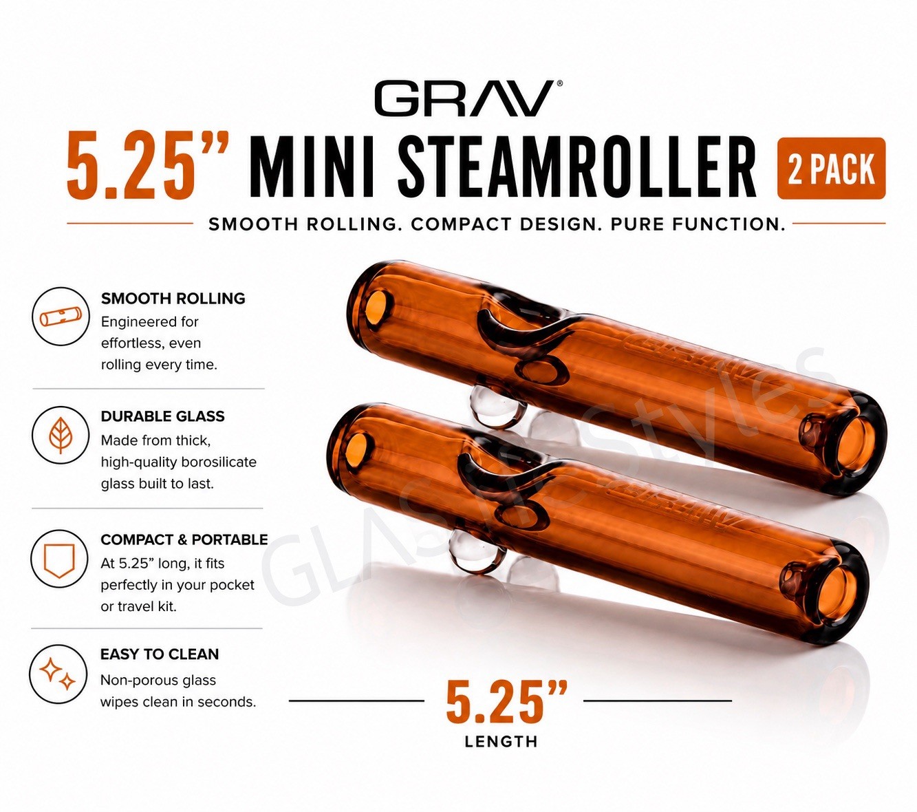 GRAV® TWO (2) PACK OF AMBER MINI 5.25”STEAMROLLERS WITH FEET And ASH CATCHER