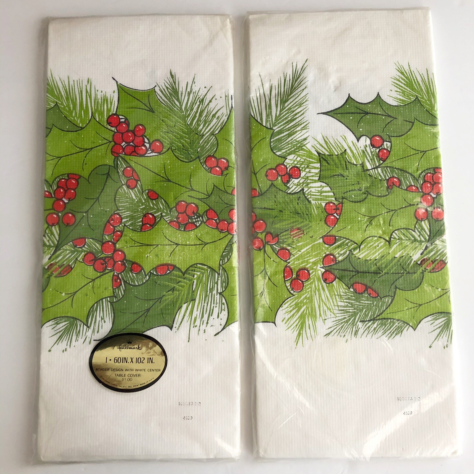 2 VTG 1980s Christmas Hallmark Paper Tablecloths Holly Leaves Berries 60x102 NIP 2 VTG 1980s Christmas Hallmark Paper Tablecloths Holly Leaves Berries 60x102 NIP