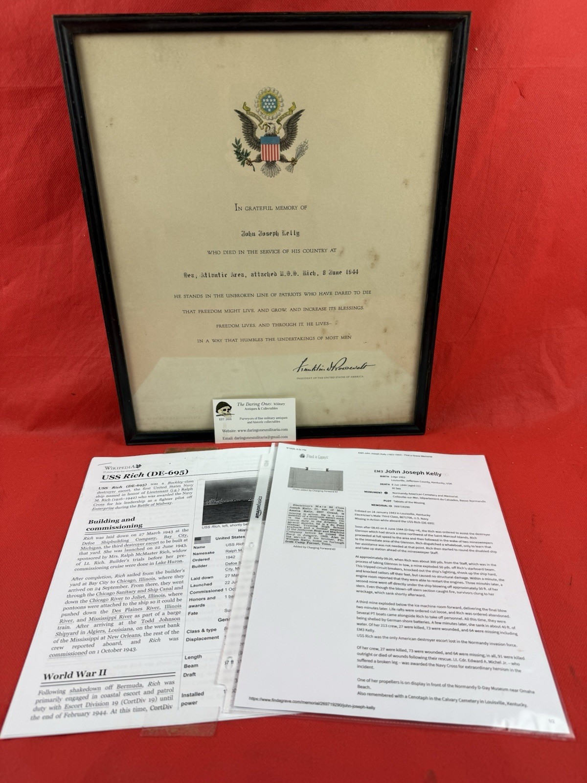 Original WW2 US D-Day KIA Presidential Citation & Research