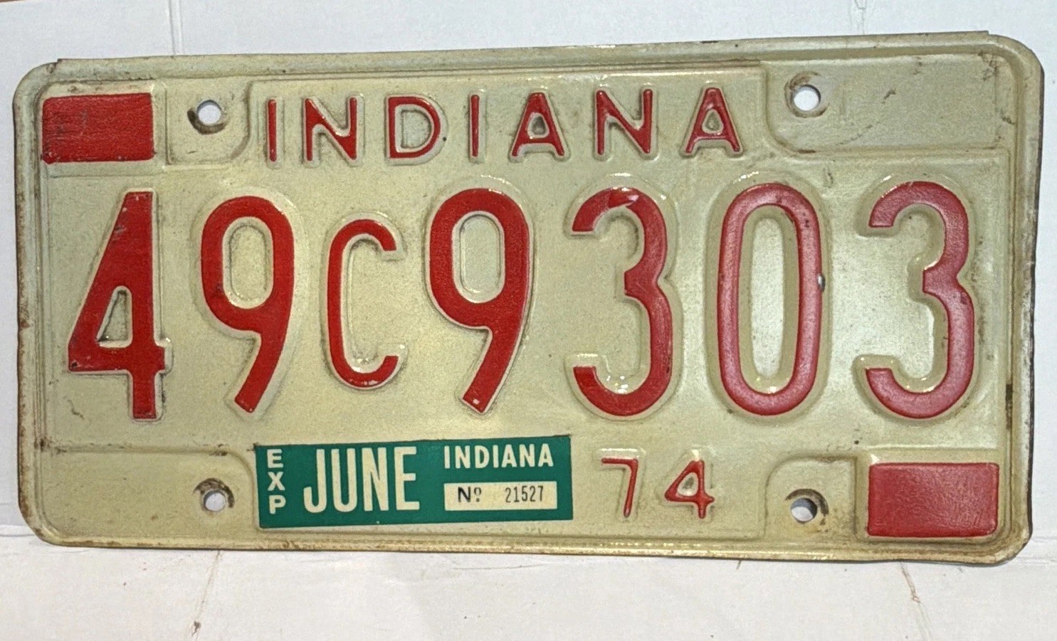 Vintage Indiana 1974 License Plate 49C9303 w/ June Expiration Sticker