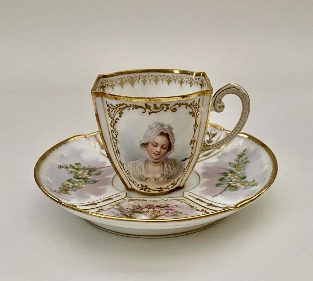 Antique Sevres Style Hand Painted Porcelain Cup Saucer Louis Sherry Newyork Sign