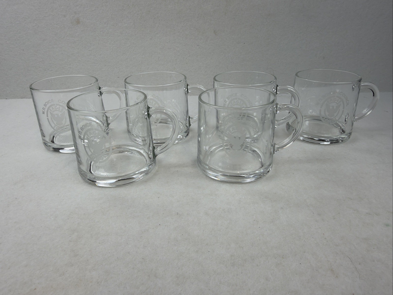 Lot Of 6 Vintage W.D Boyce Council Eagle Scout Etched Glass Mugs Garrick Glass Lot Of 6 Vintage W.D Boyce Council Eagle Scout Etched Glass Mugs Garrick Glass