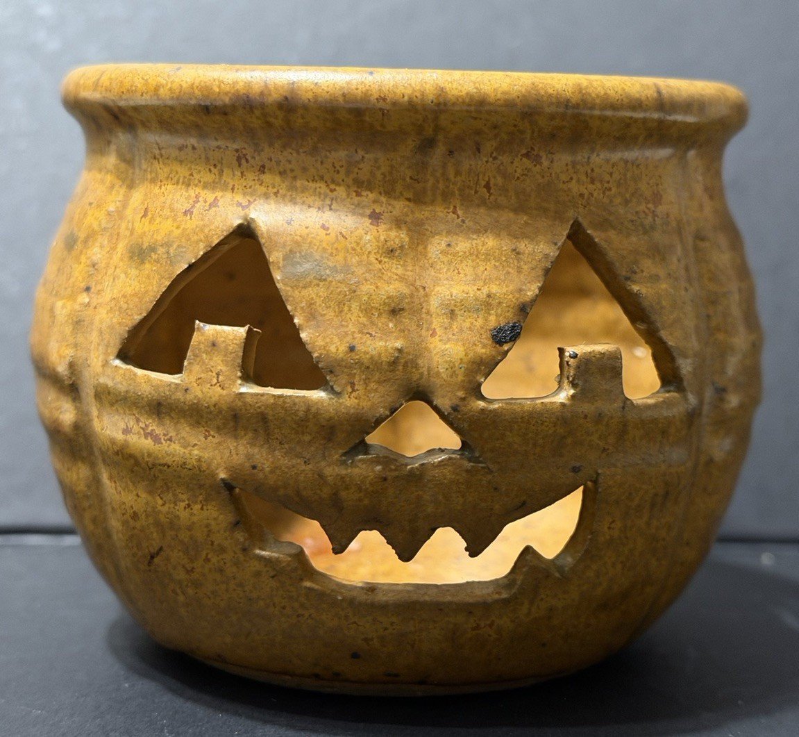 Vintage Studio Art Pottery Pumpkin Jack O Lantern Candle Holder Speckle