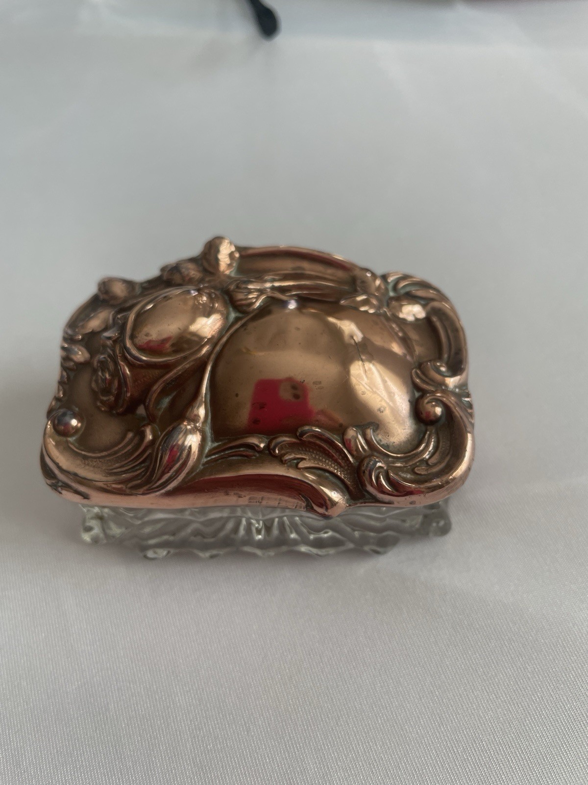 Antique Victorian Art Nouveau Cut Glass Trinket Box  Copper Lid
