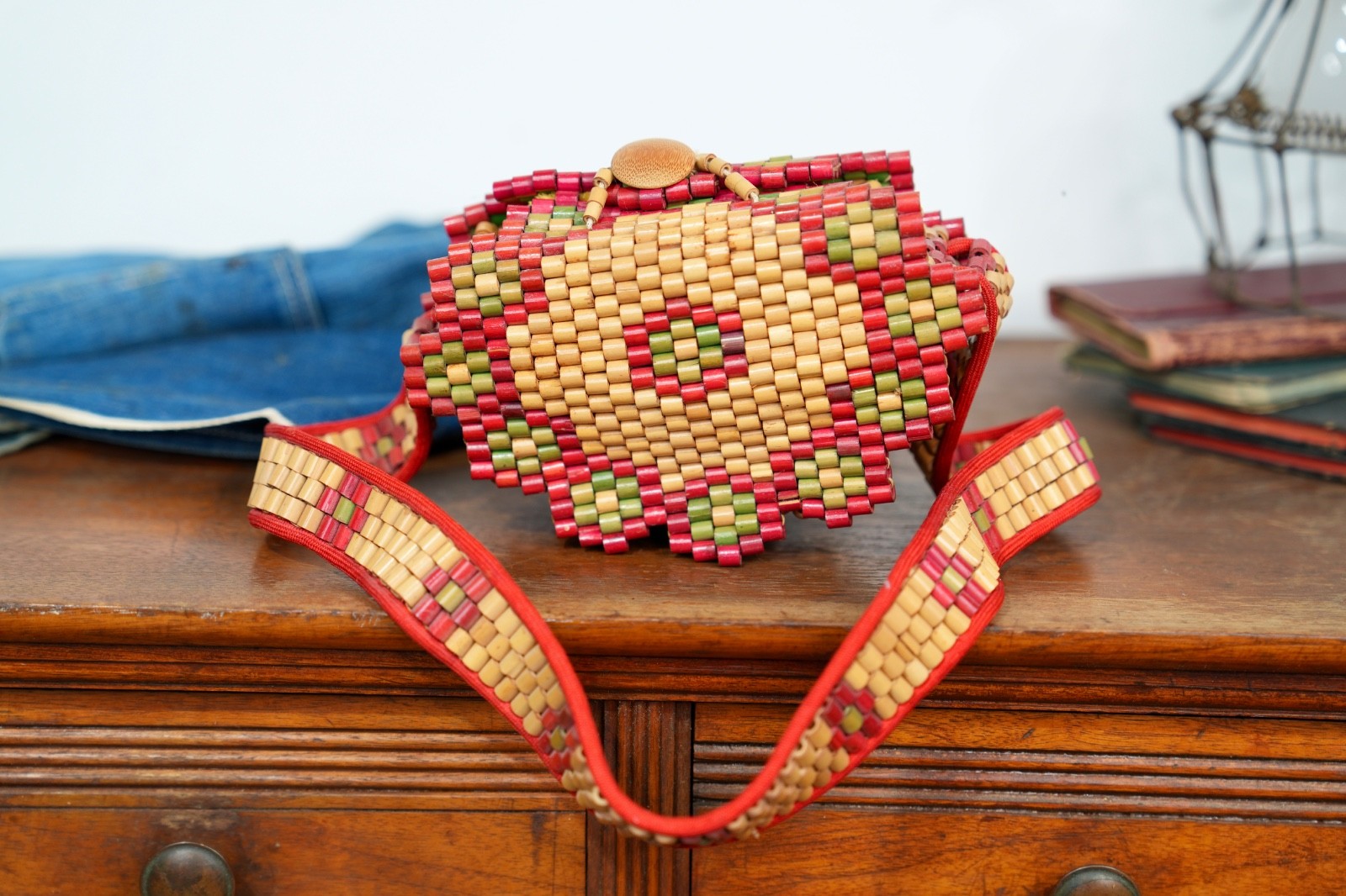 Vintage Bamboo beads Purse Occupied Japan Geometric Handbag 1940\'s Antique