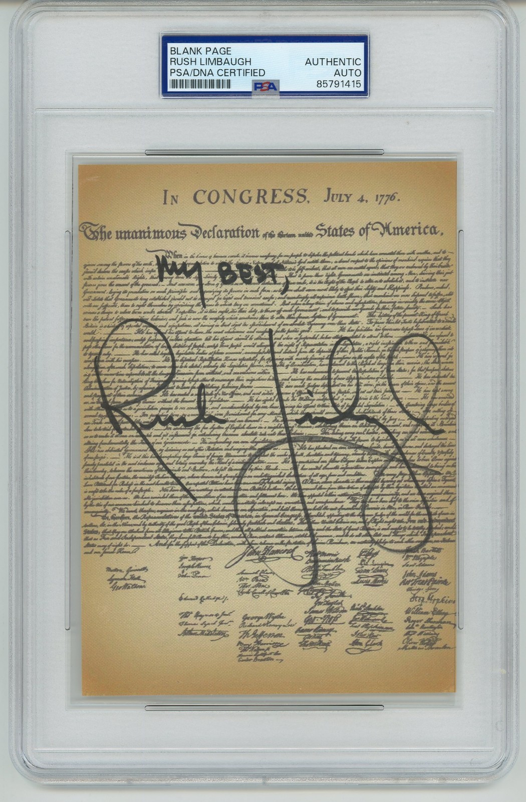 Rush Limbaugh ~ Signed Autographed Declaration of Independence ~ PSA DNA Rush Limbaugh ~ Signed Autographed Declaration of Independence ~ PSA DNA