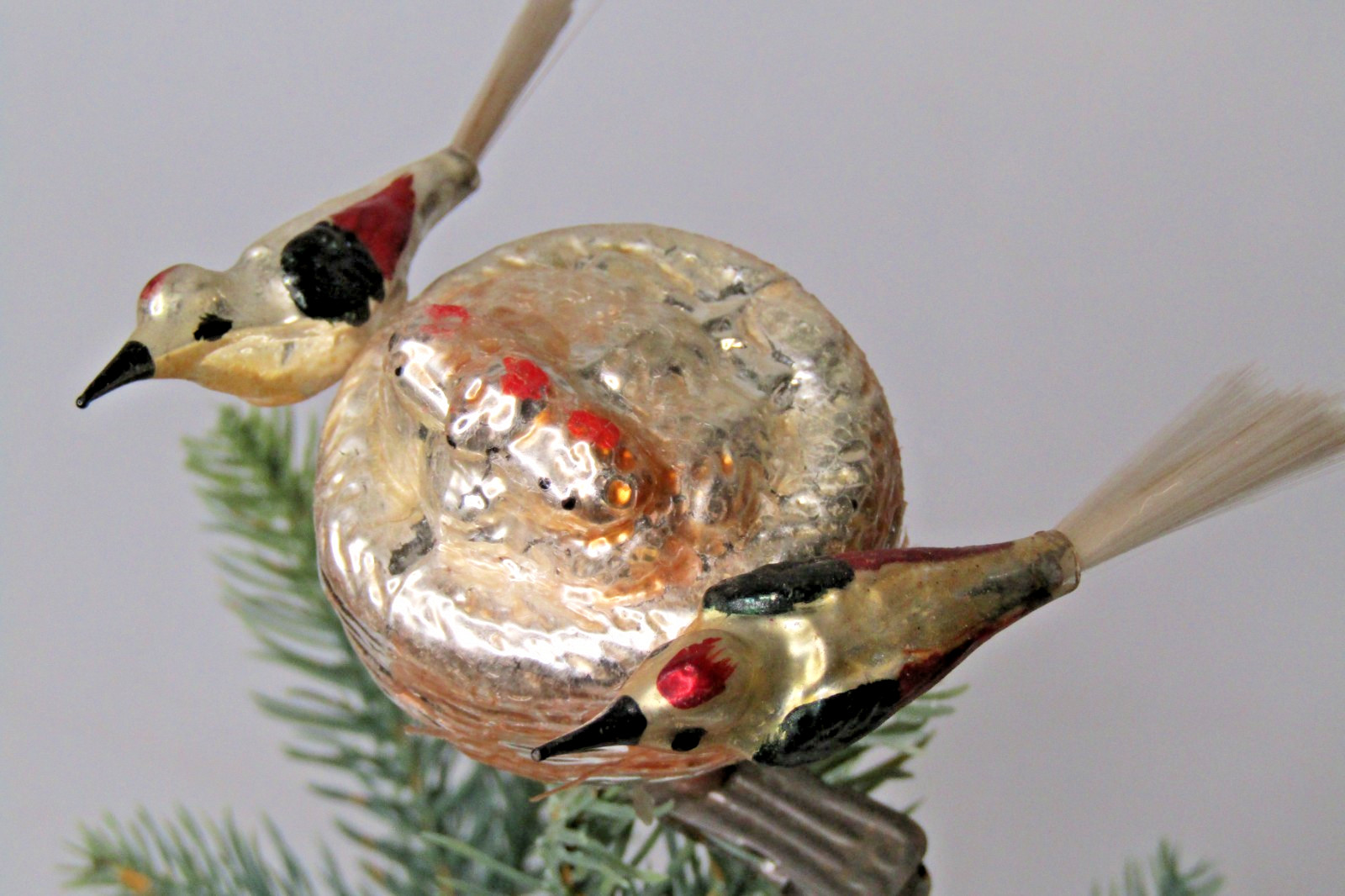 Antique Vintage Glass Clip On BIRDS on NEST w Chicks Christmas Ornament Germany