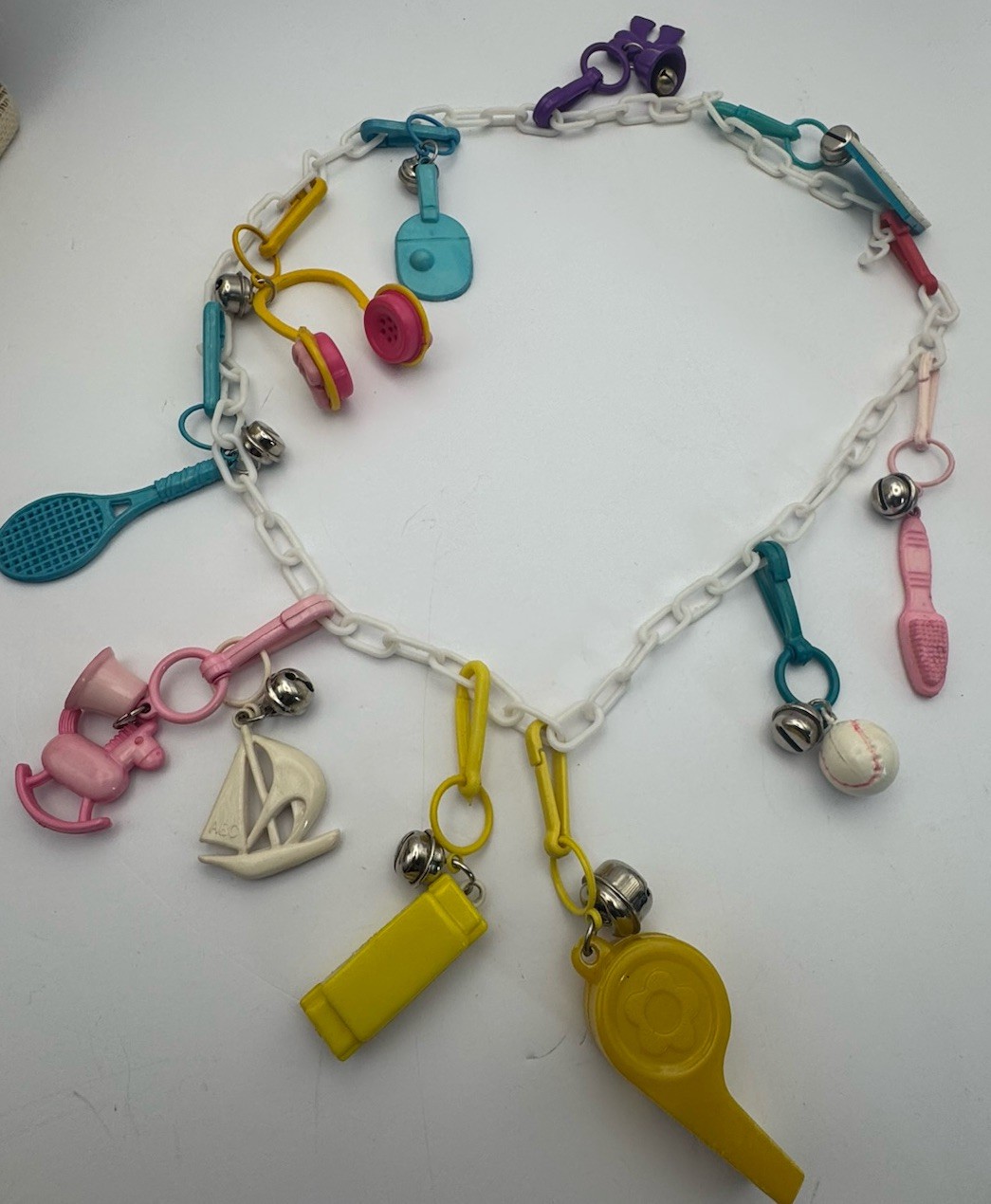 Vintage 80s Bell Charm Necklace w/ Plastic Clip Charms Whistle Boat Harmonica +