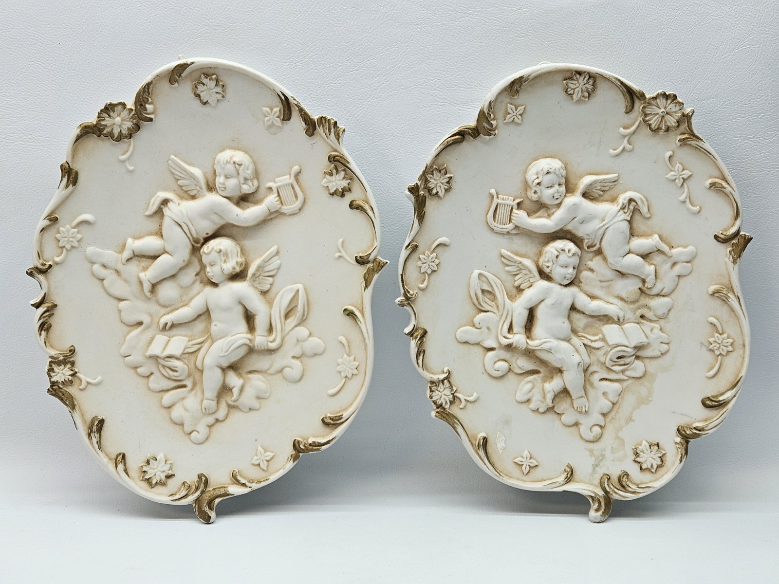 Lefton Cherub Wall Plaques Pair #1059 Vintage Ceramic Angel 7.5\