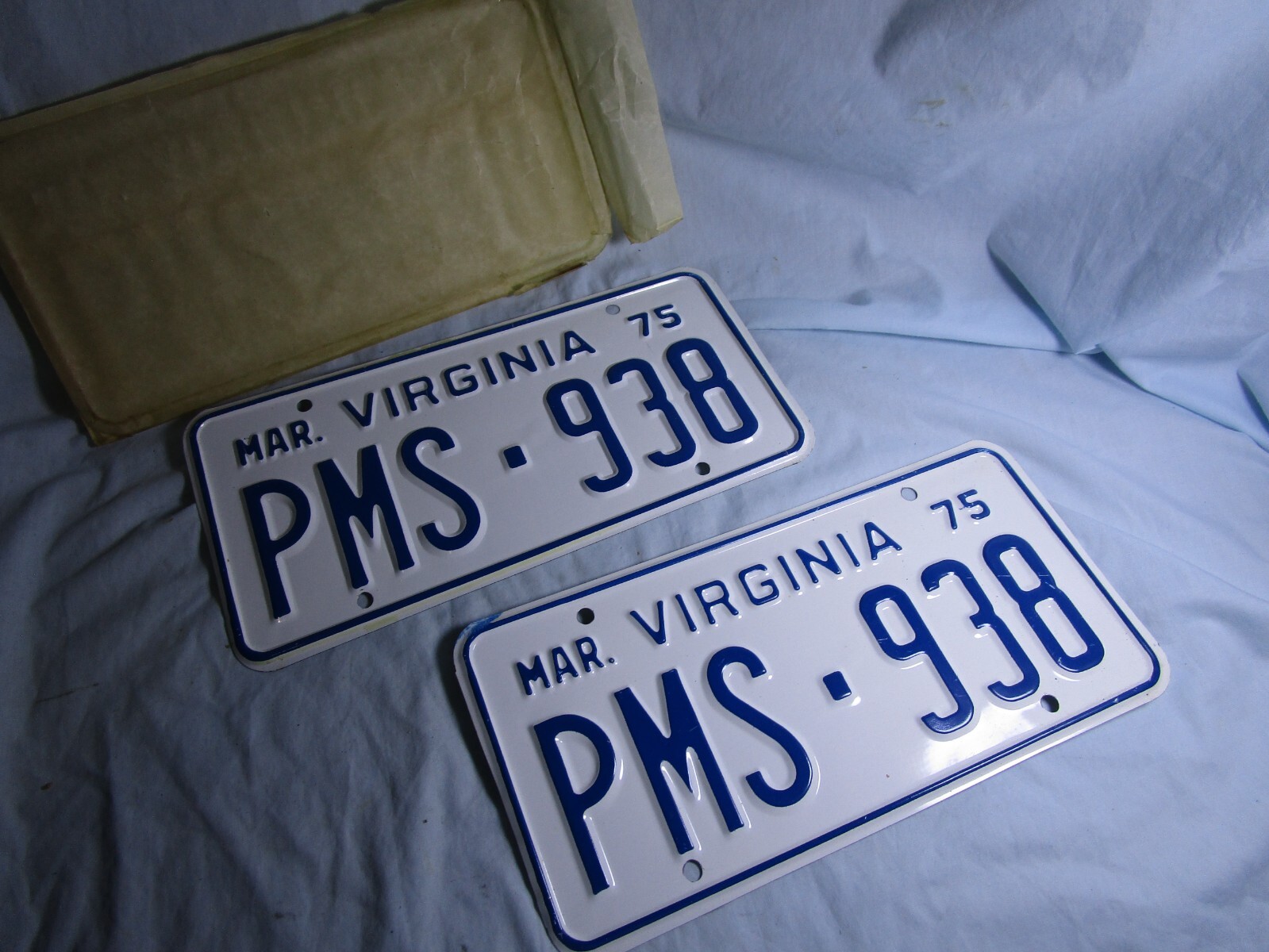 NOS  1975 VIRGINIA License Plate Tag #PMS-938 Antique UNUSED Pair Set