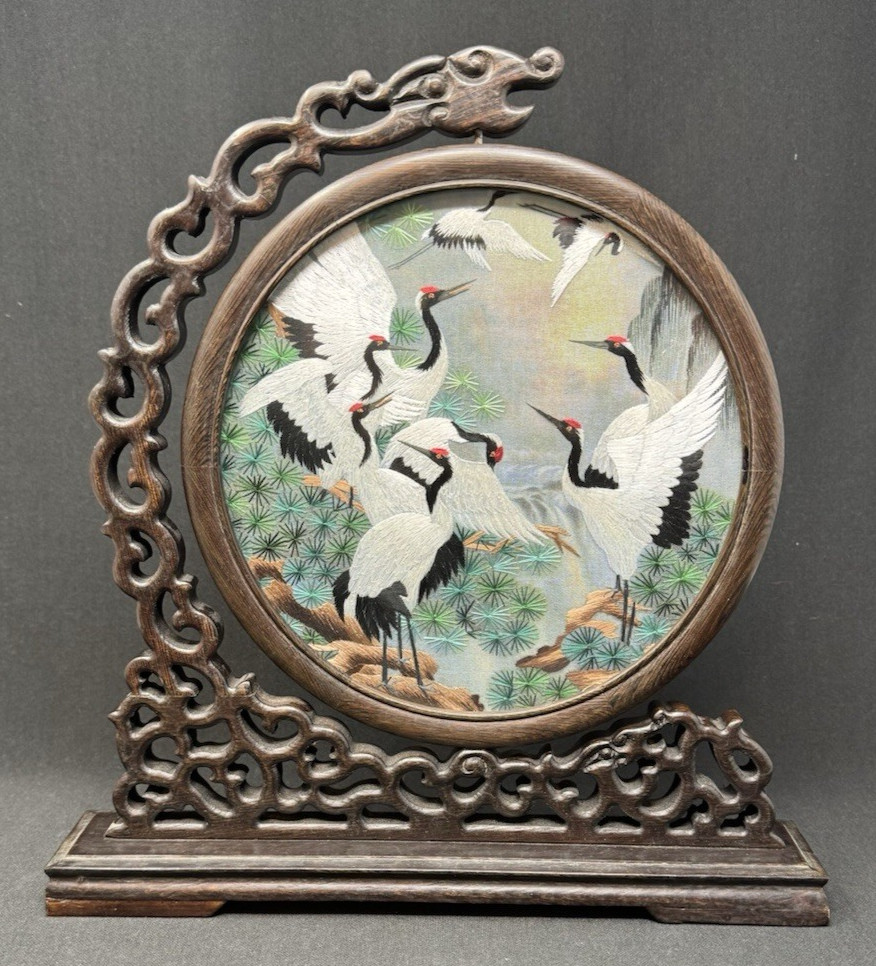 Chinese Suzhou Double Sided Silk Embroidery w/ Cranes in Wood Stand Chinese Suzhou Double Sided Silk Embroidery w/ Cranes in Wood Stand