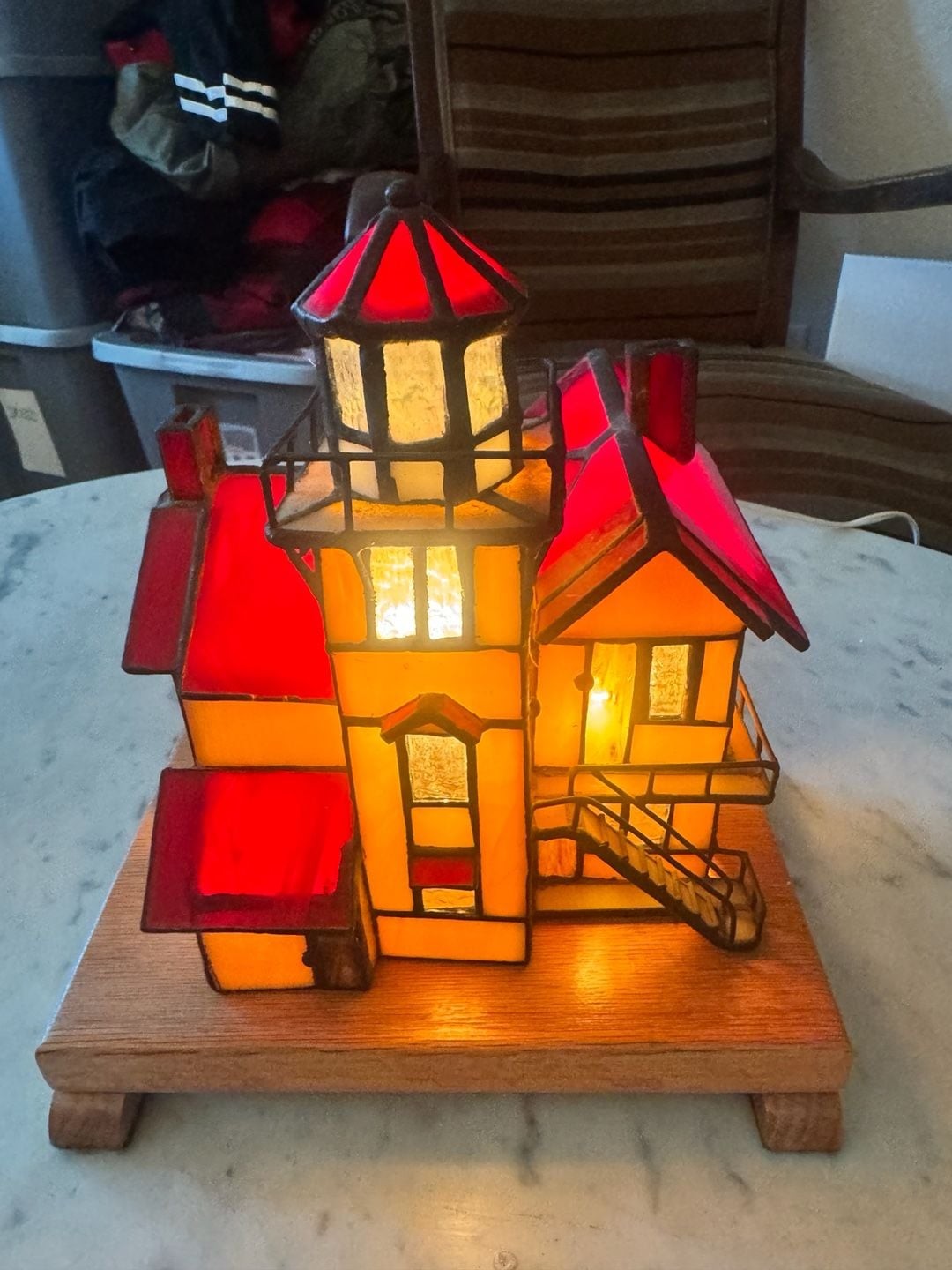 Vintage Stained Glass Lighthouse Light Tiffany Style Nautical Wooden Base Vintage Stained Glass Lighthouse Light Tiffany Style Nautical Wooden Base
