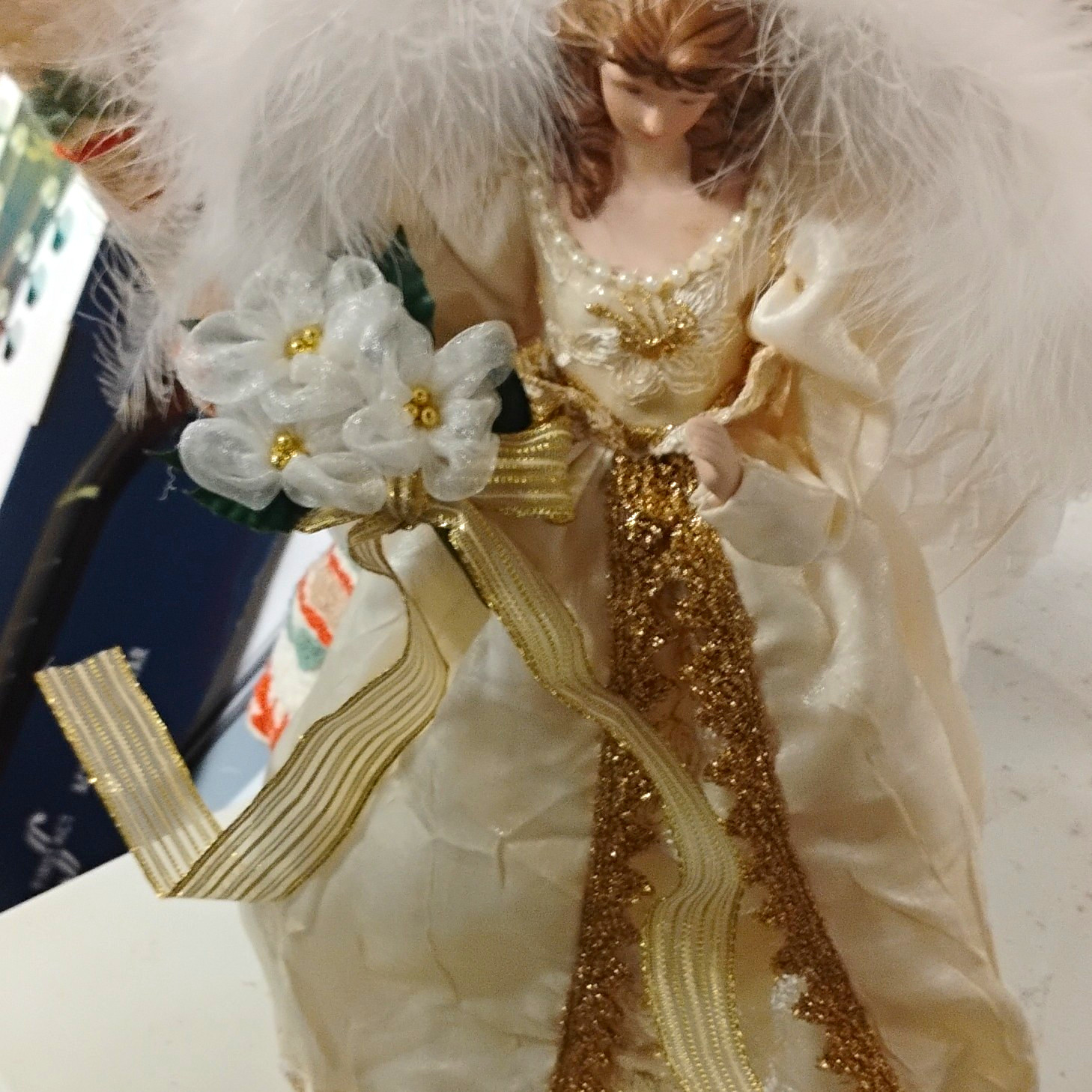 vtg White Gold porcelain Angel Christmas  Feather Wings Fabric Glitter 3D Effect