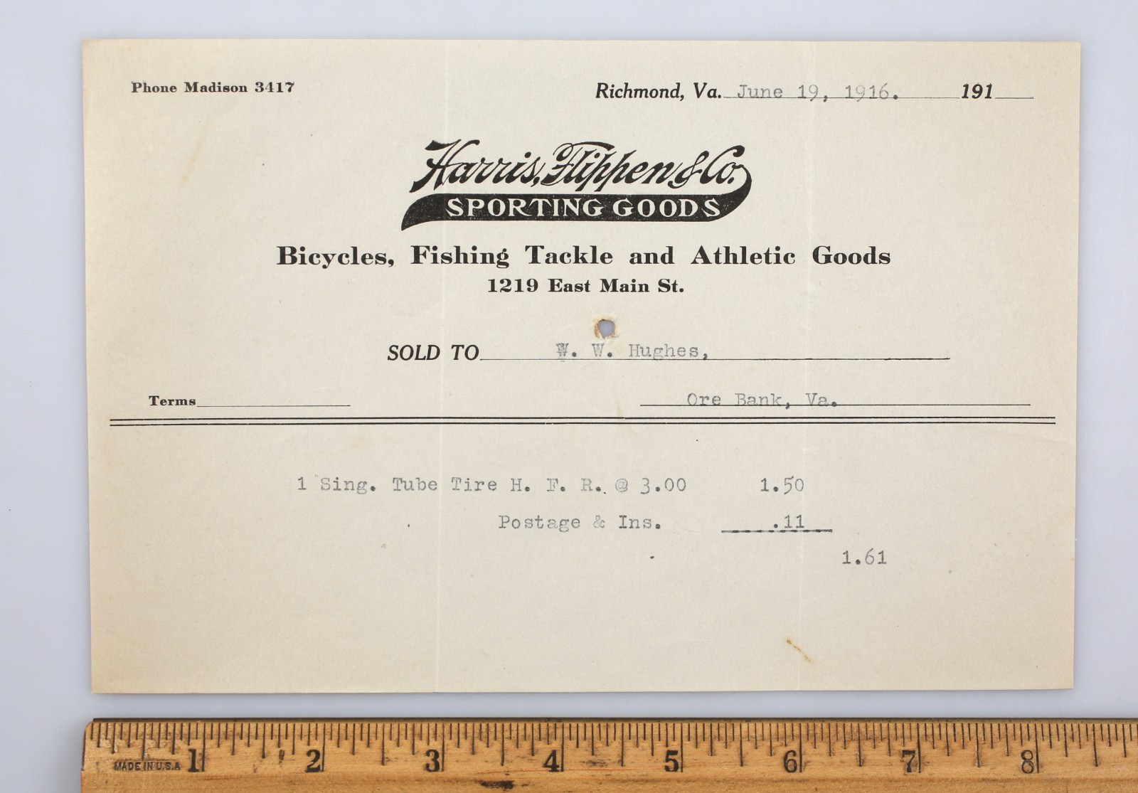 Vtg. 1916 Letterhead Invoice Richmond Virginia Harris & Flippen Sporting Goods