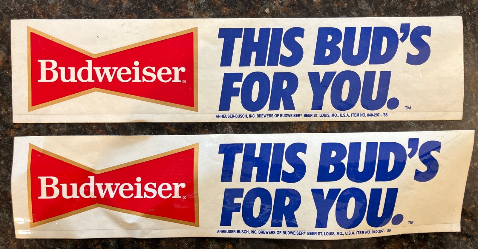 2-BUDWEISER BEER OLD ADVERTISING PEEL STICK VINTAGE 1986 ORIGINAL BUD 3\