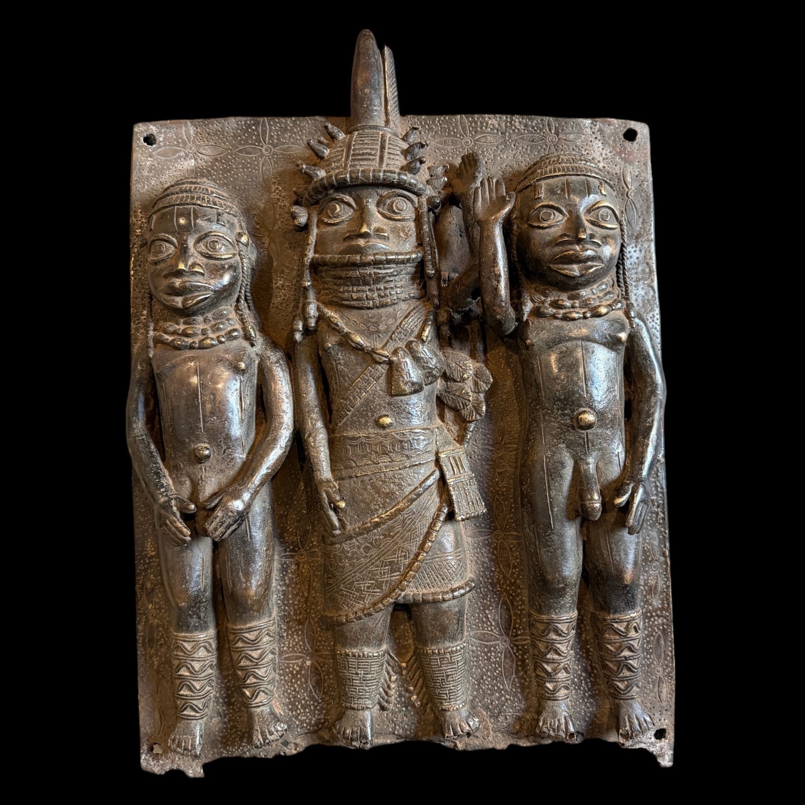XL RARE Antique Benin Bronze Plaque 1970s Royal Oba Court Warriors - African Art
