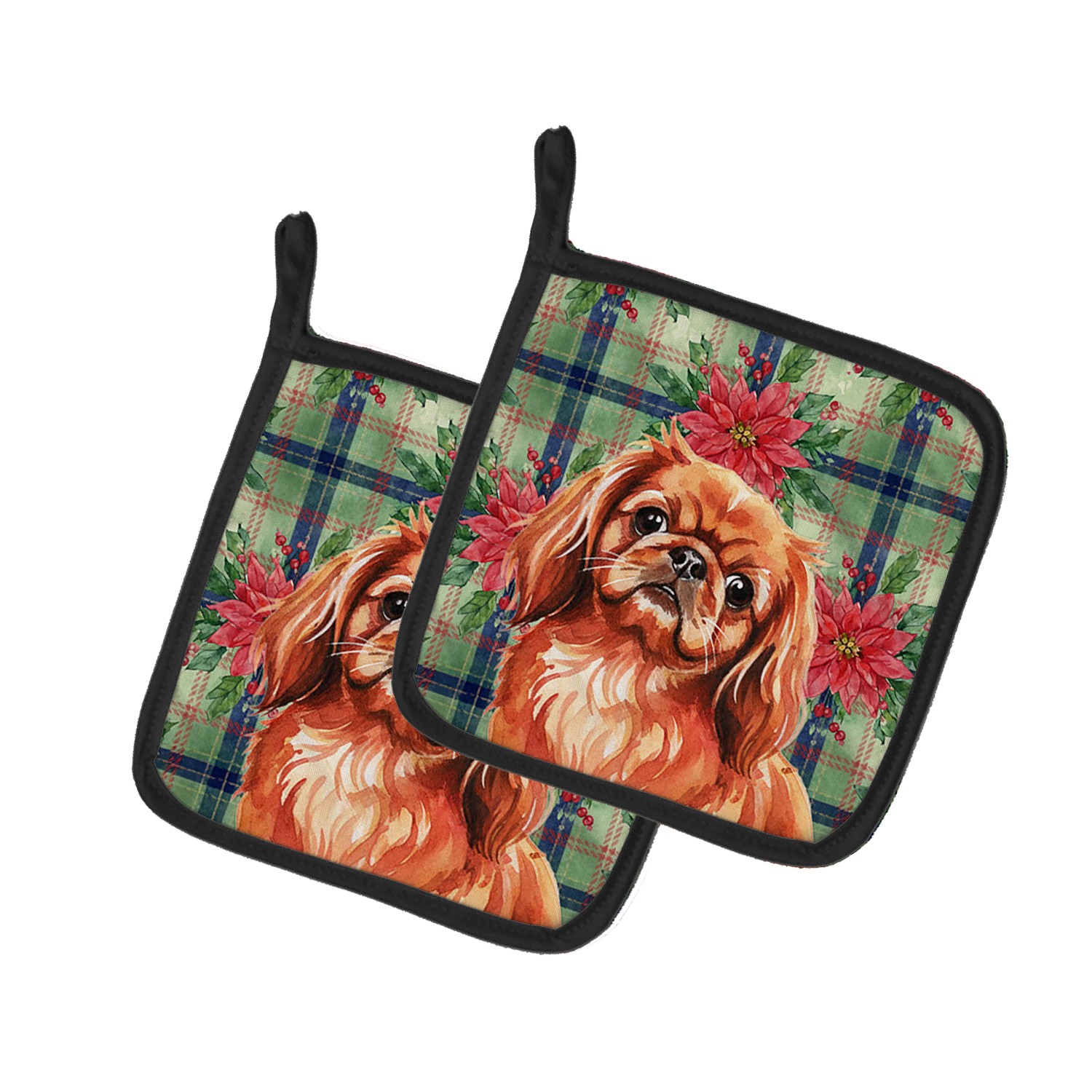 Caroline\'s Treasures Red Pekingese Christmas Poinsettas Pair of Potholders