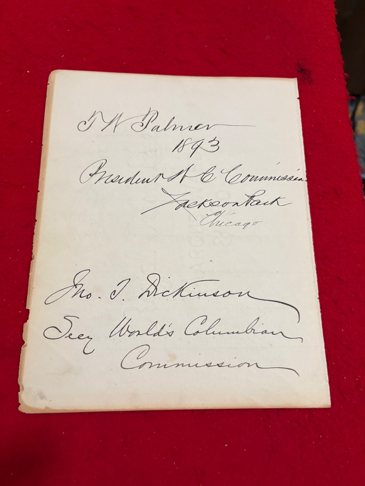 1893 Chicago World's Fair Signed Lot — Commission President, VP & Lady Officers