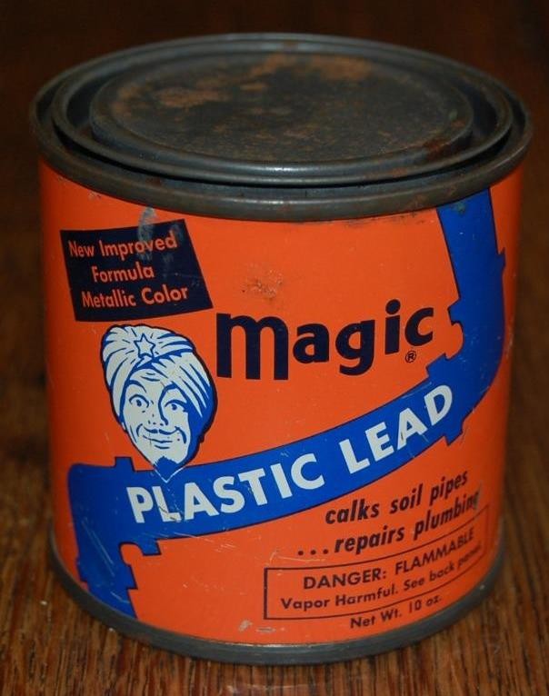 RARE VINTAGE MAGIC PLASTIC LEAD CAULK TIN CAN ADVERTISING MAGIC IRON CEMENT CO.