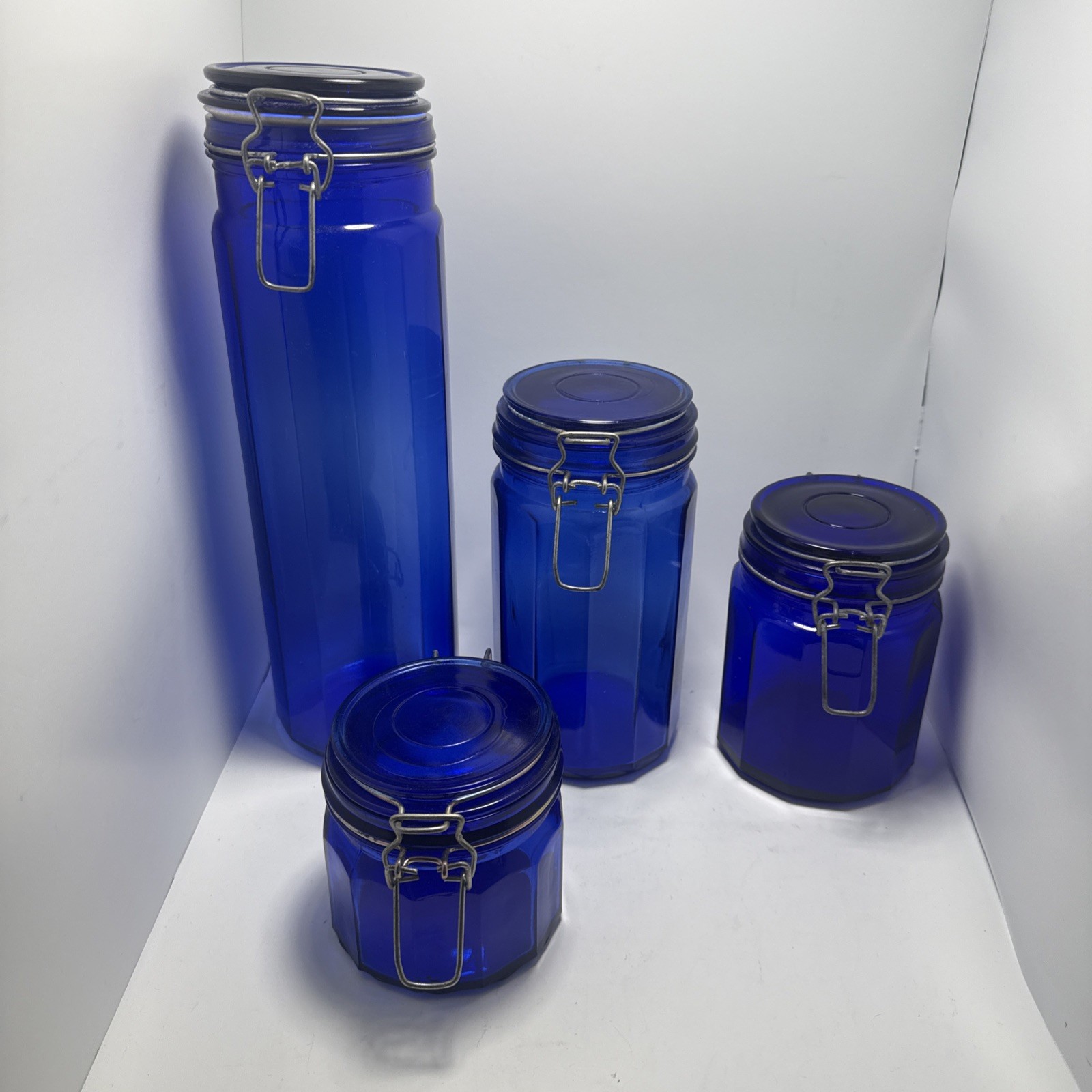 Vintage Set Cobalt Blue Glass 12 Panel Jar Wire Hinge Lid; 13” 8” 5.75” 4”