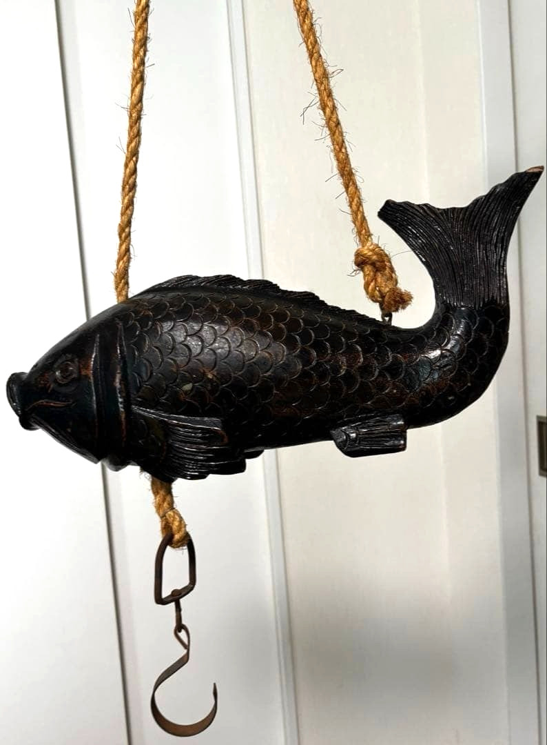Japanese Vintage Pot-Hook Jizaikagi Dining Device Wood Carved Carp Old Folk Tool