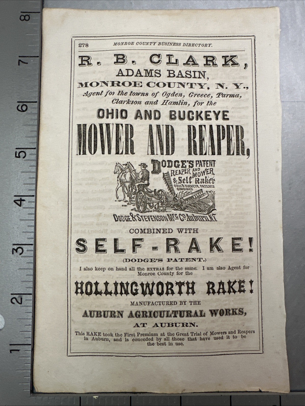 1869 Authentic Paper Ad Ohio Buckeye Mower Reaper Self Rake Rochester NY
