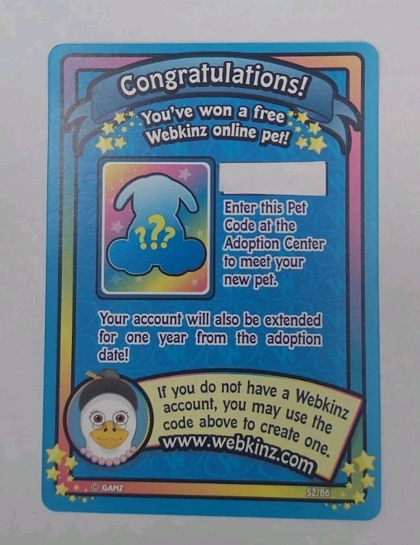 (s2-pet) Webkinz Random Pet Adoption Code From Series 2 - Unused (s2-pet) Webkinz Random Pet Adoption Code From Series 2 - Unused