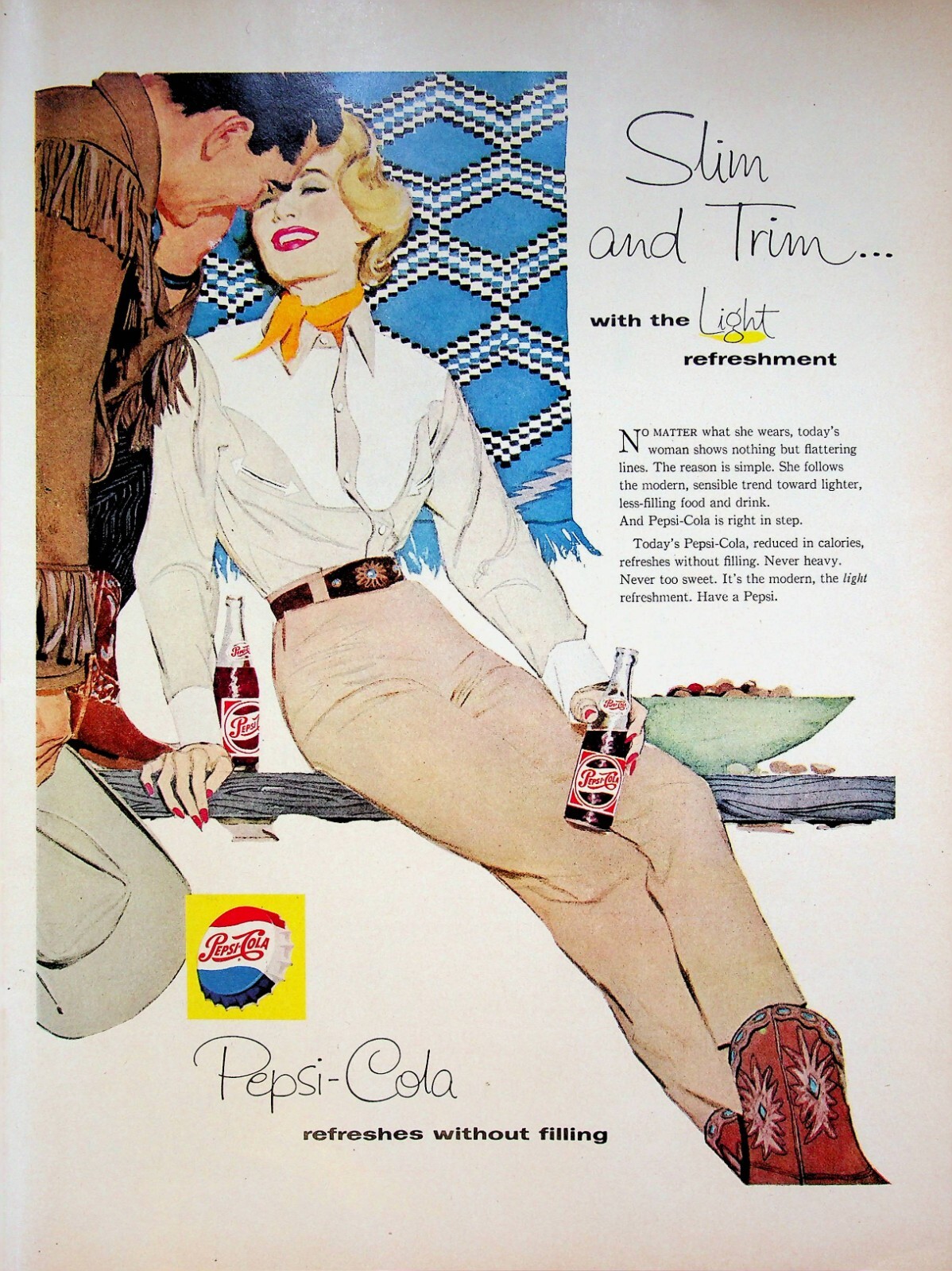 1958 Pepsi Cola Vintage 50s Print Ad Slim & Trim Light Refreshment Cowboy Boots