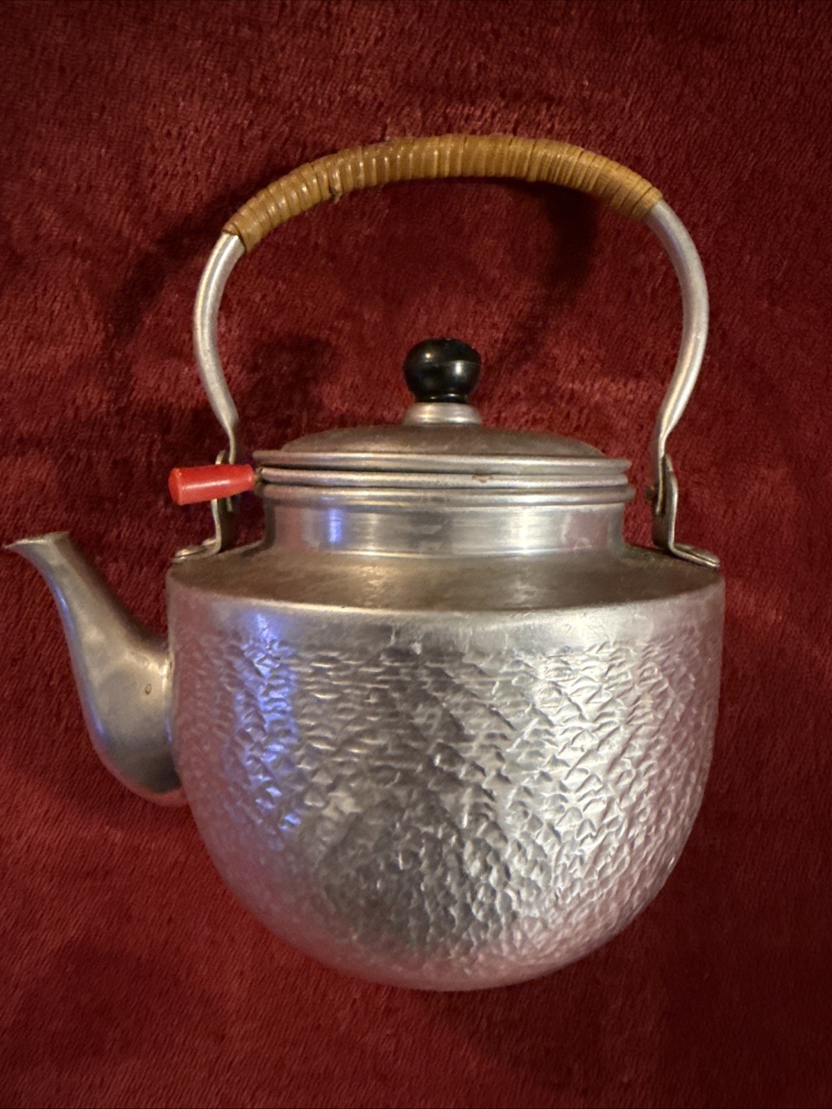Vtg Hammered Aluminum Teapot Japan Brew Basket Wicker Wrapped Handle Vtg Hammered Aluminum Teapot Japan Brew Basket Wicker Wrapped Handle